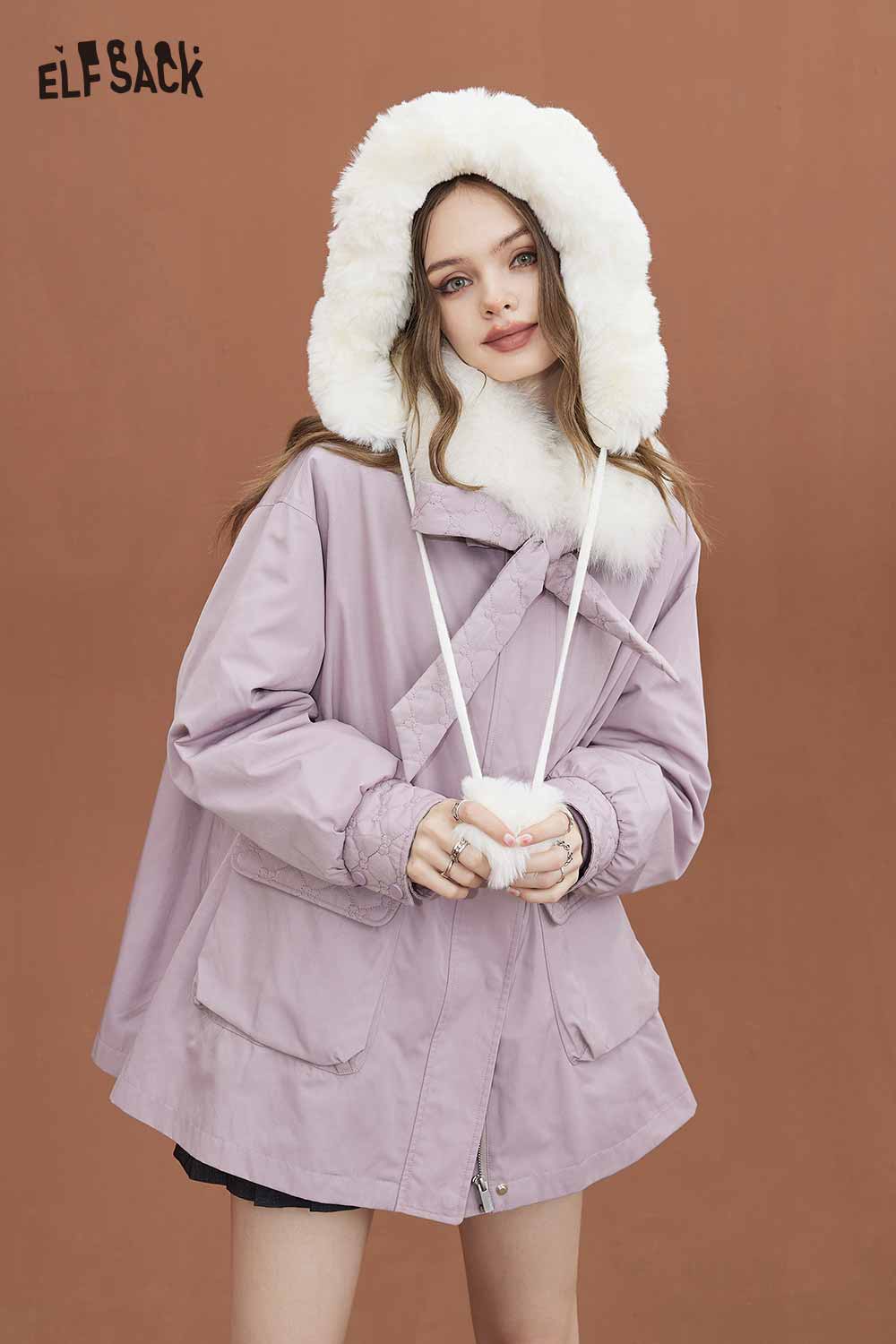 ELFSACK Soft Petite Detachable Fur Collar Pink Cotton Coat