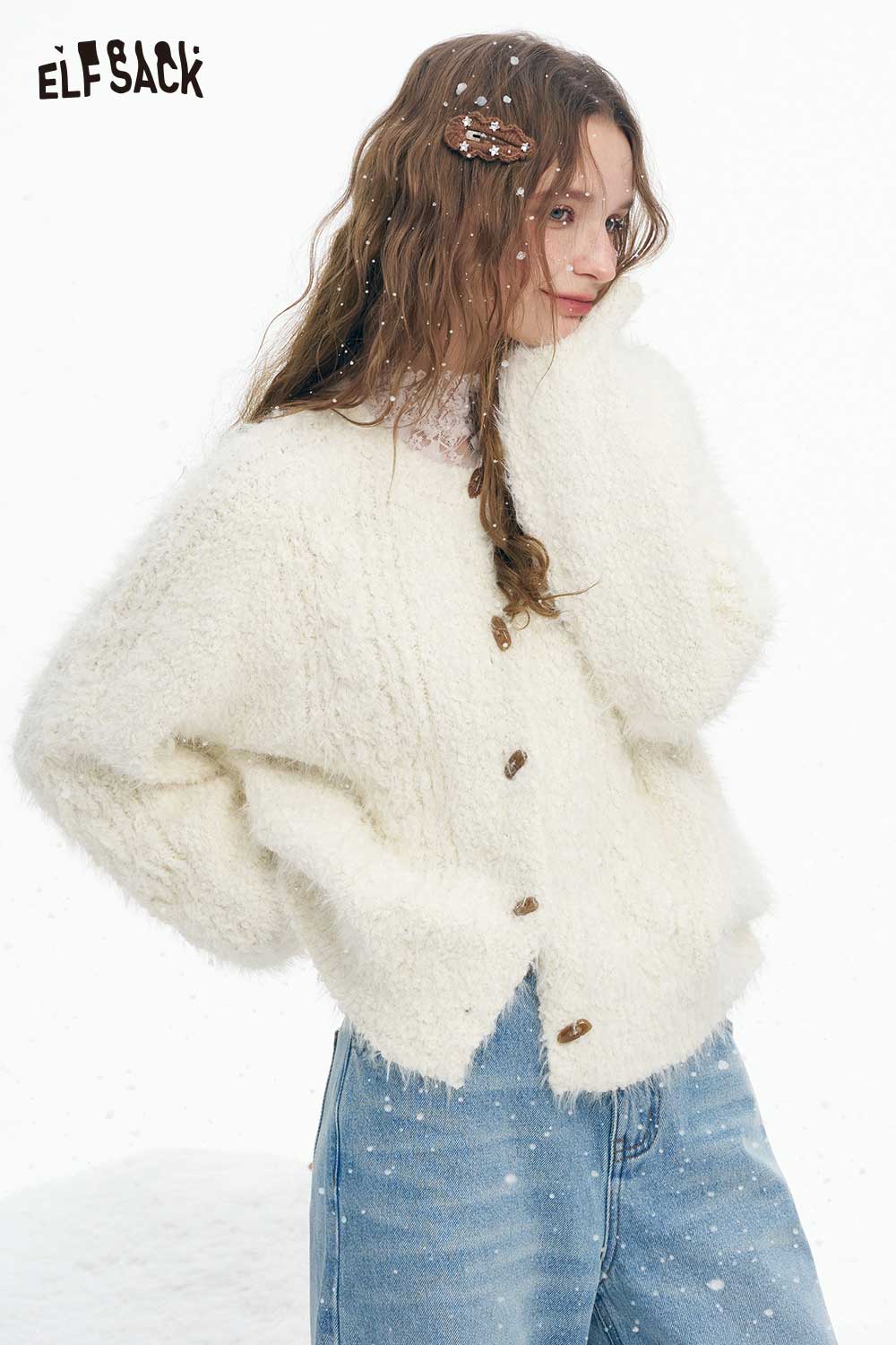 ELFSACK Soft Plush Solid Single breasted Button Toggle Round Neck Sweater