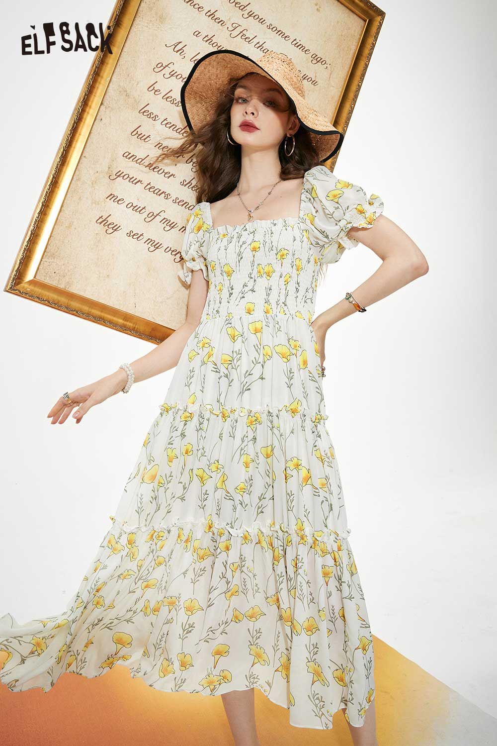 ELFSACK Soft Resort French Floral Square Neck Dress