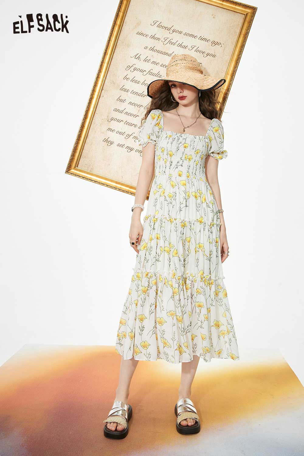 ELFSACK Soft Resort French Floral Square Neck Dress