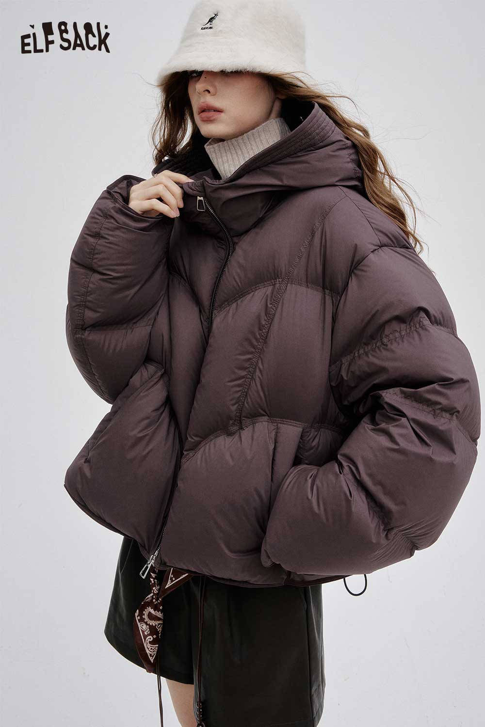 ELFSACK Soft Solid Color Hooded Short Down Jacket