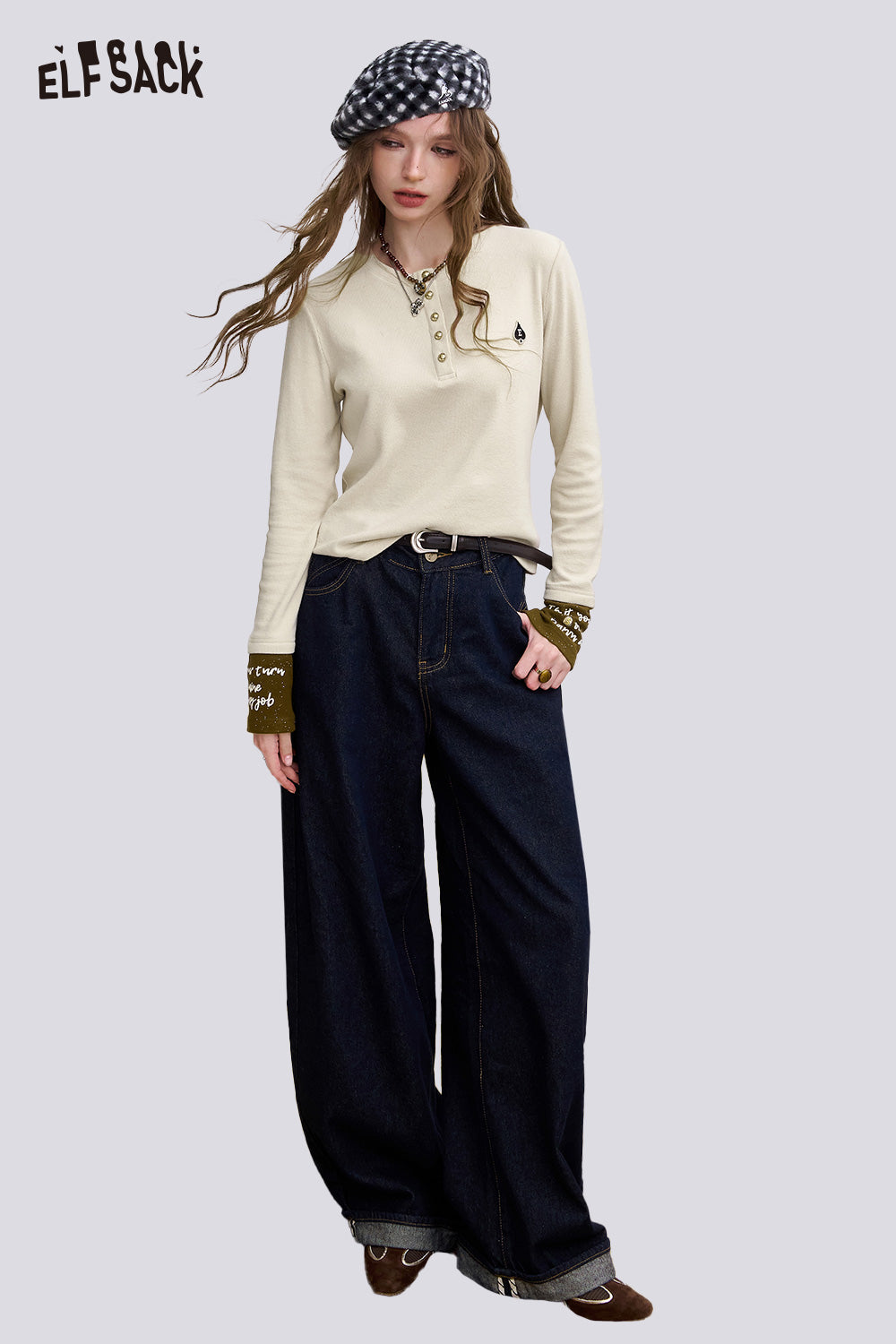 ELFSACK Soft Spliced Sleeve Round Neck Long Sleeve Tshirt