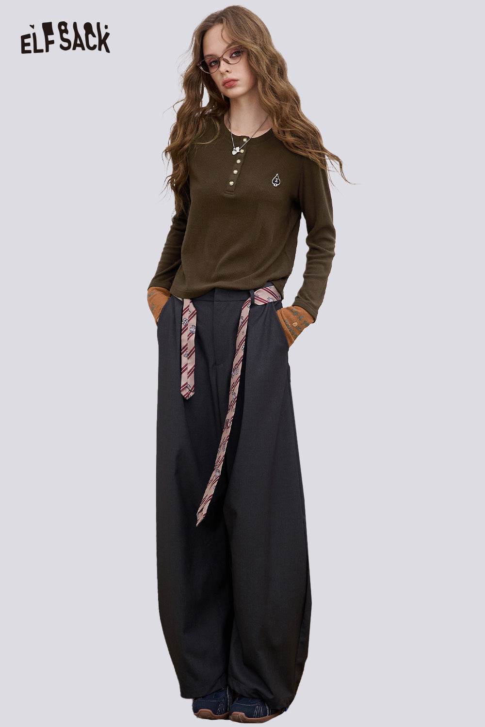 ELFSACK Soft Spliced Sleeve Round Neck Long Sleeve Tshirt