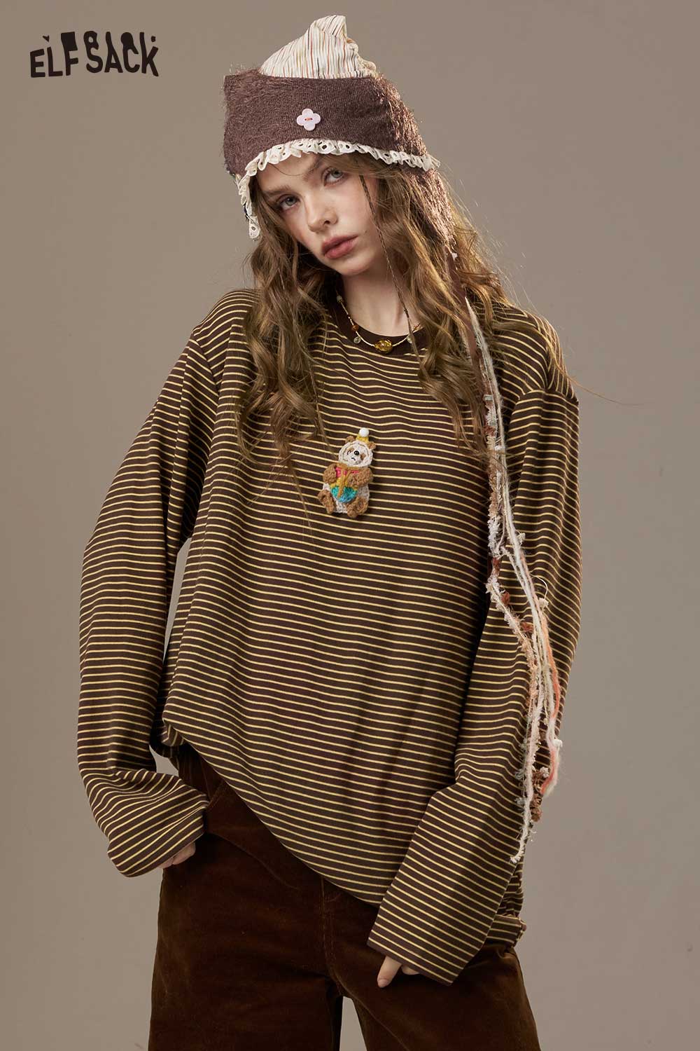 ELFSACK Soft Striped Pattern Round Neck Long Sleeve Tee