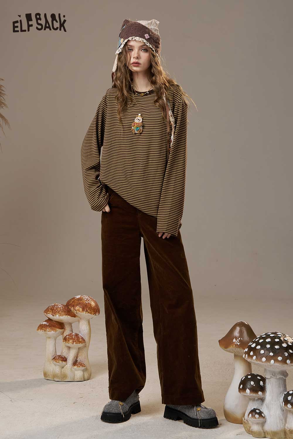 ELFSACK Soft Striped Pattern Round Neck Long Sleeve Tee