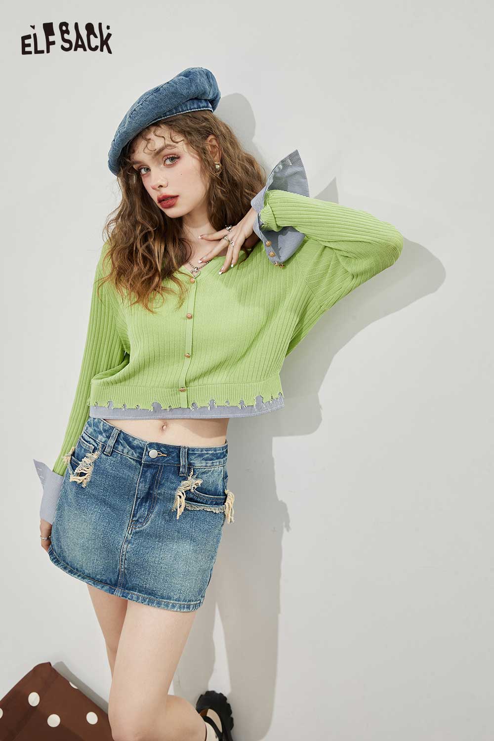 ELFSACK Soft Two Piece Green Shirt Patchwork Cropped Knitwear