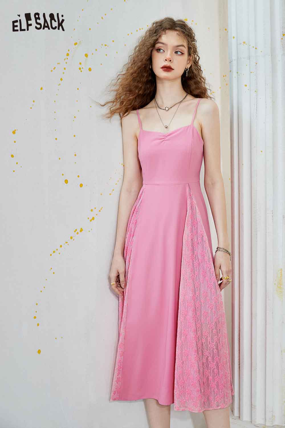 ELFSACK Soft Two Piece Slip Dopamine Sleeveless Dress