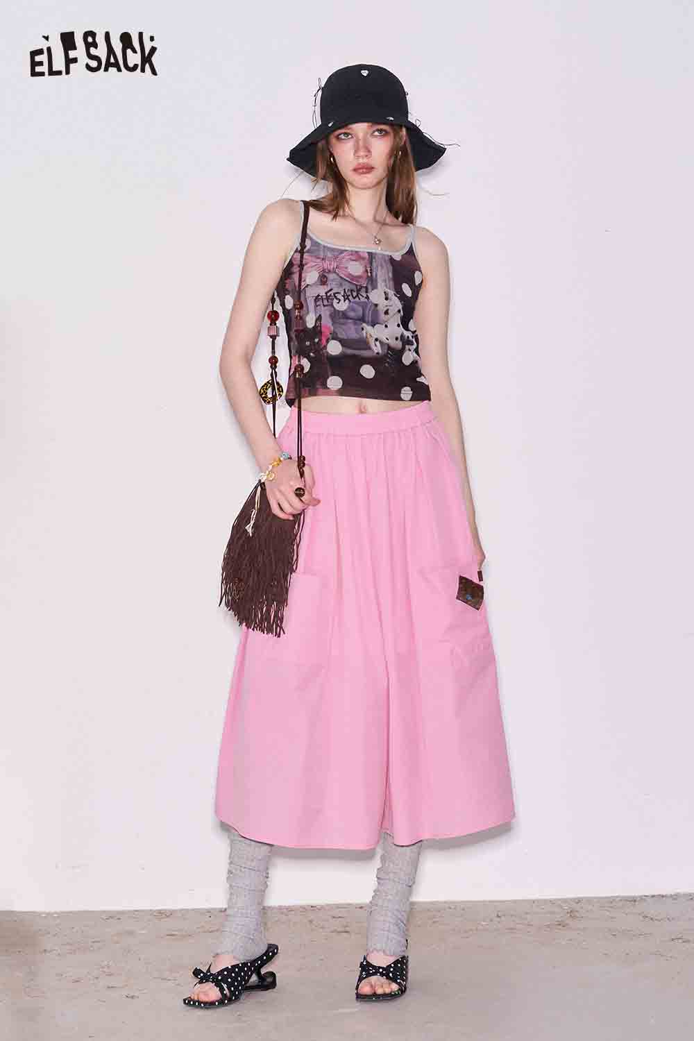 ELFSACK Solid Color Pocket Wide Leg Pants