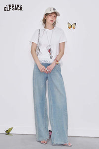 ELFSACK Solid Loose Straight Pants Pearl Rhinestone Light Wash Jeans