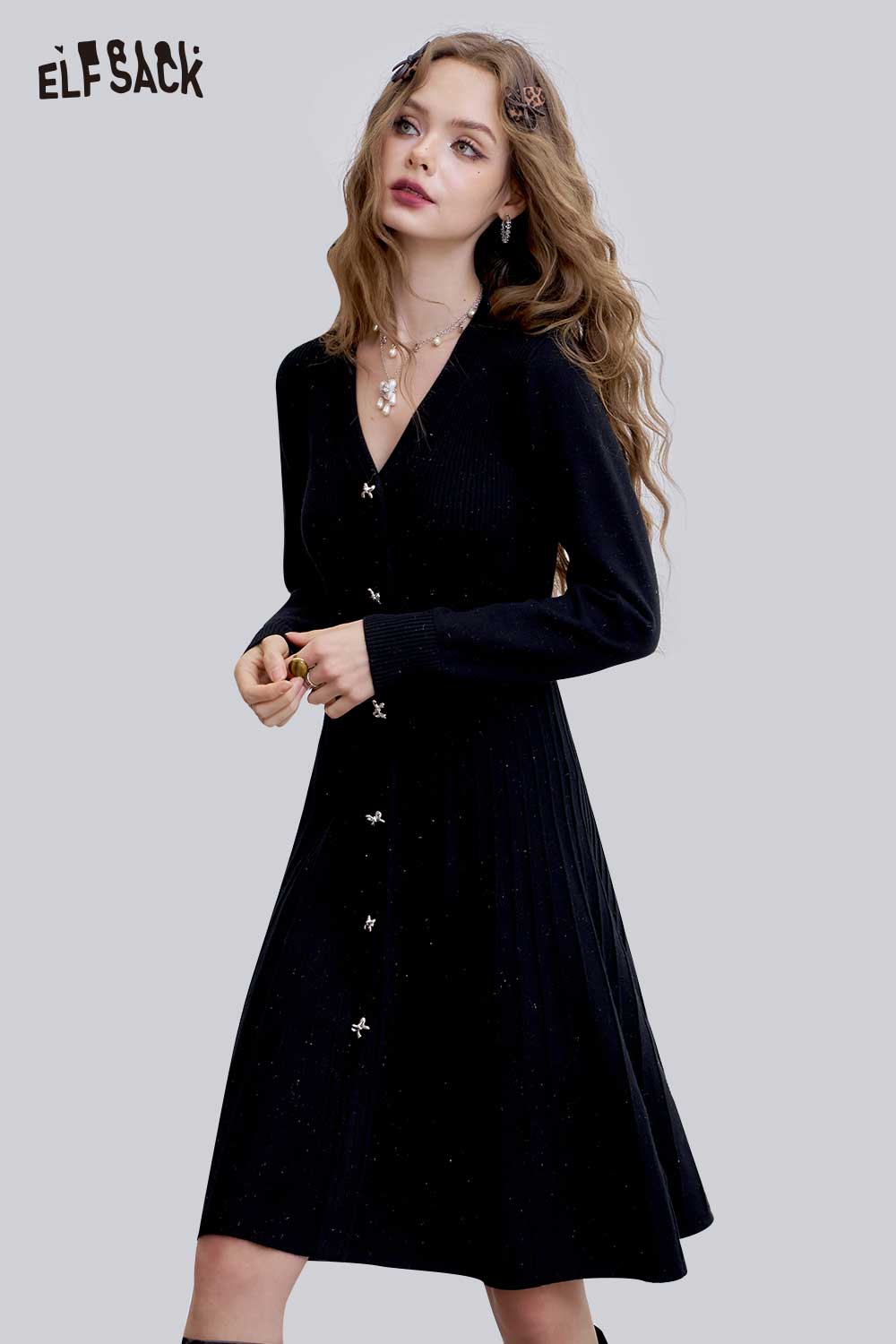 ELFSACK Sparkle V Neck Bodycon Knit Dress