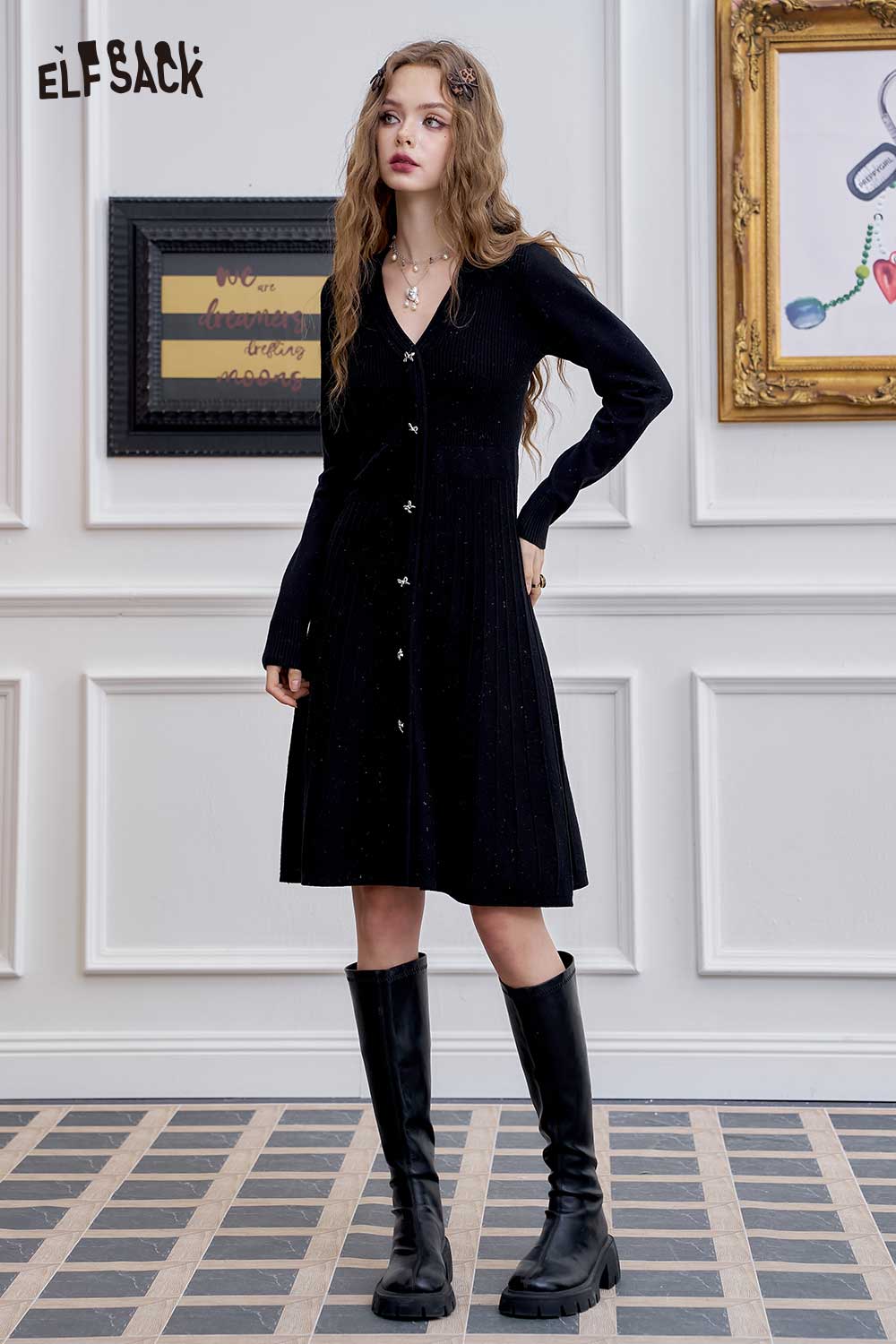 ELFSACK Sparkle V Neck Bodycon Knit Dress