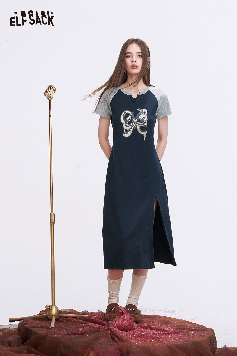 ELFSACK Sporty Midi Dress with Raglan Sleeve