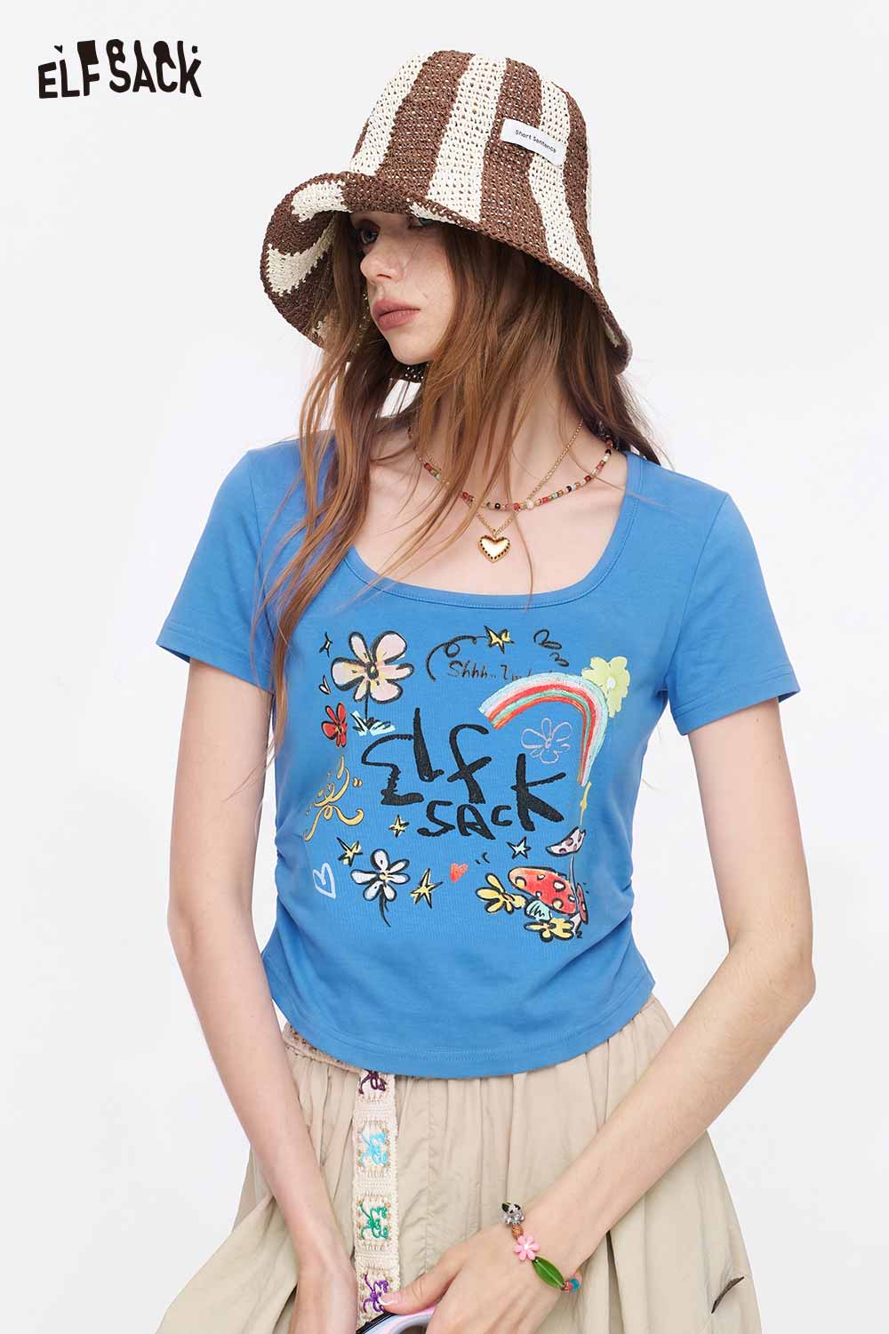 ELFSACK Square Neck Ruched Floral Print Tee
