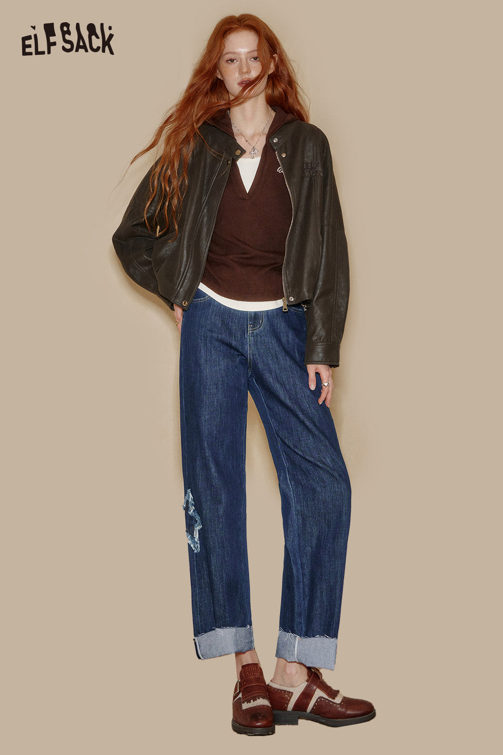 ELFSACK Cotton Star Stitch Detail Turn-Up Hem Straight Leg Denim Pants