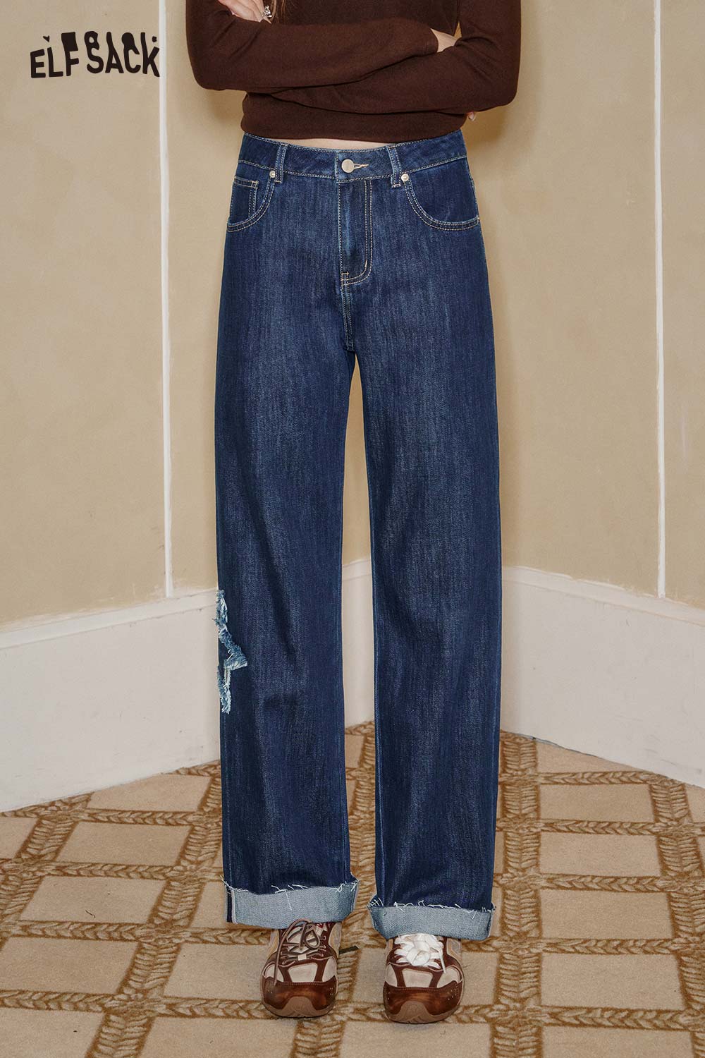 ELFSACK Cotton Star Stitch Detail Turn-Up Hem Straight Leg Denim Pants
