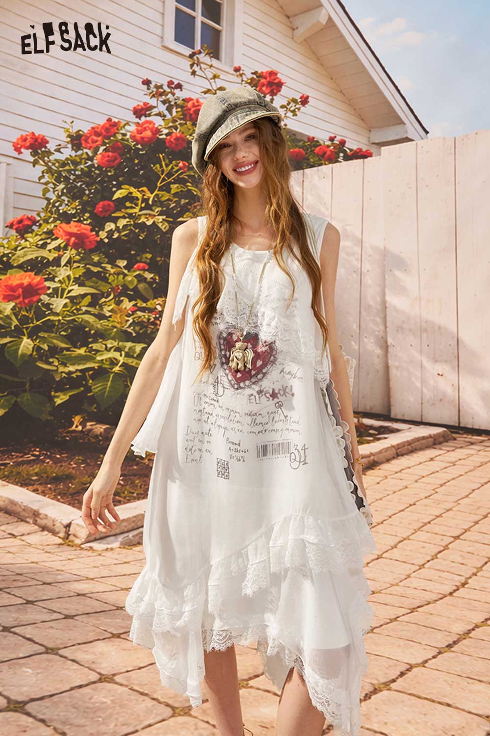 ELFSACK Strawberry Asymmetric Lace Tank Dress