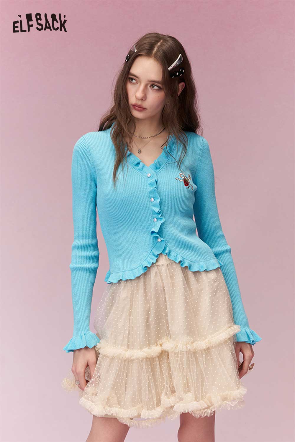 ELFSACK Soft Knitted Sweater With Ruffle Trim And Strawberry Embroidery