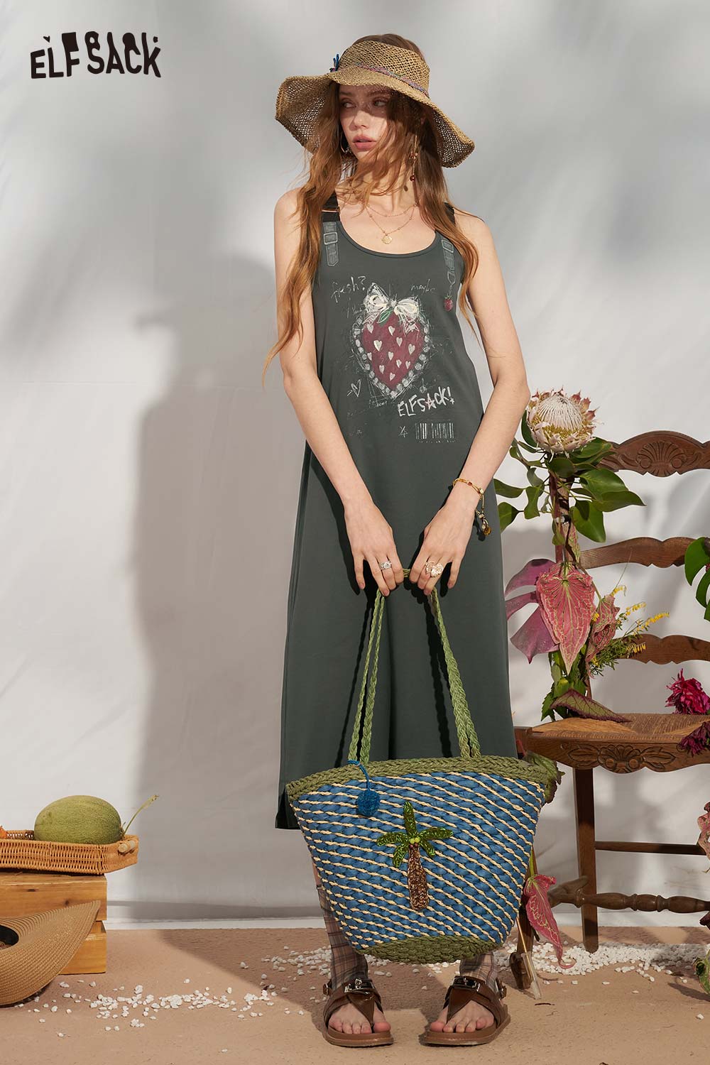 ELFSACK Strawberry Graffiti A-Line Punk Overall Dress