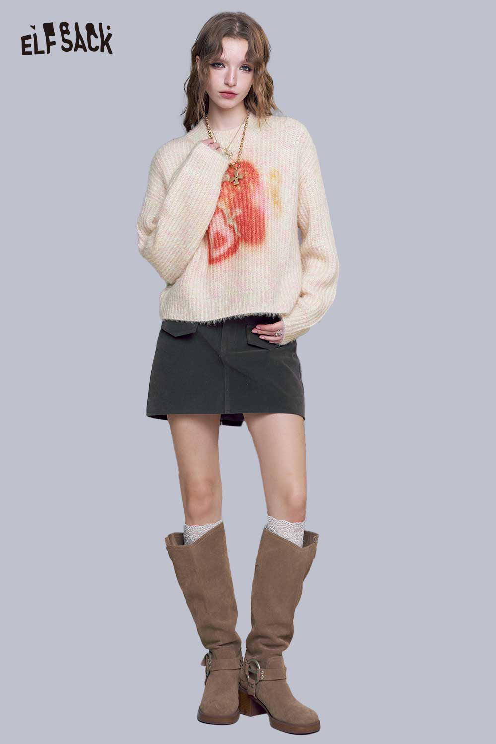 ELFSACK Soft Knit Sweater with Oversized Strawberry Graphic Design