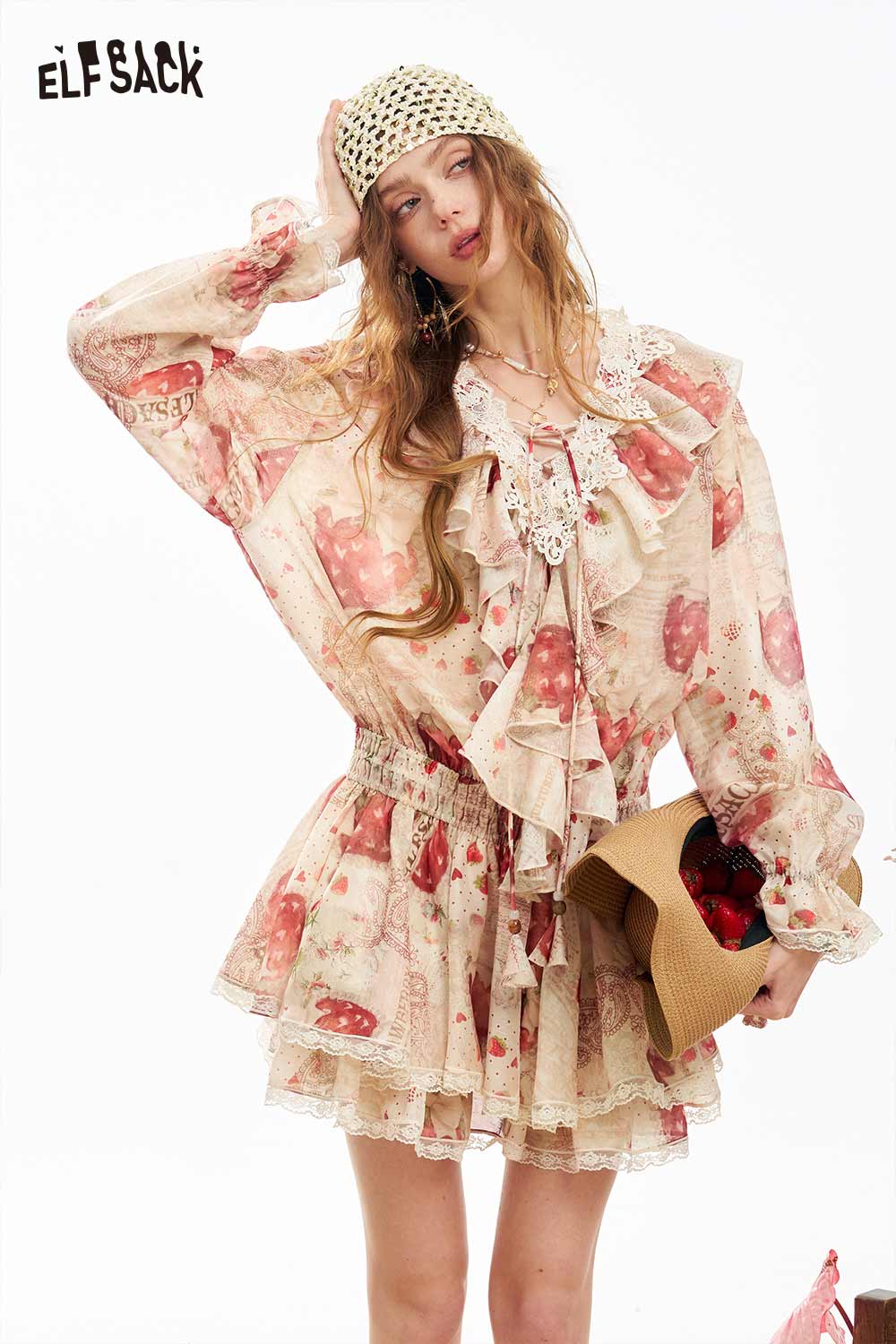 ELFSACK Strawberry Lace Lace-Up Mini Dress