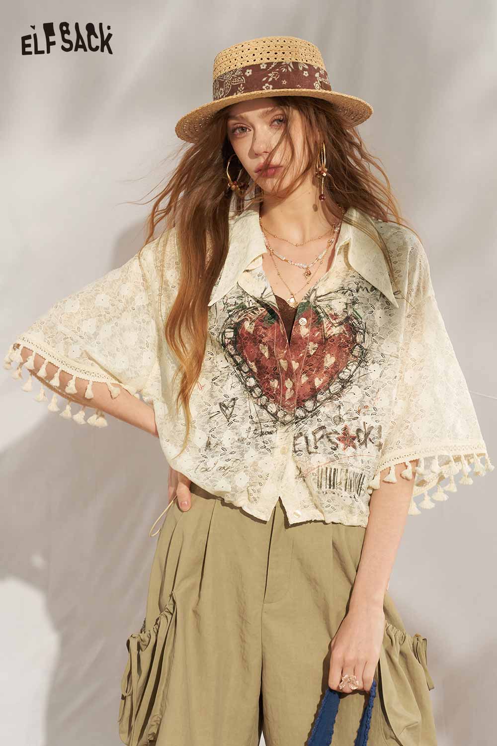 ELFSACK Strawberry Lace Tassel Gothic Cropped Blouse
