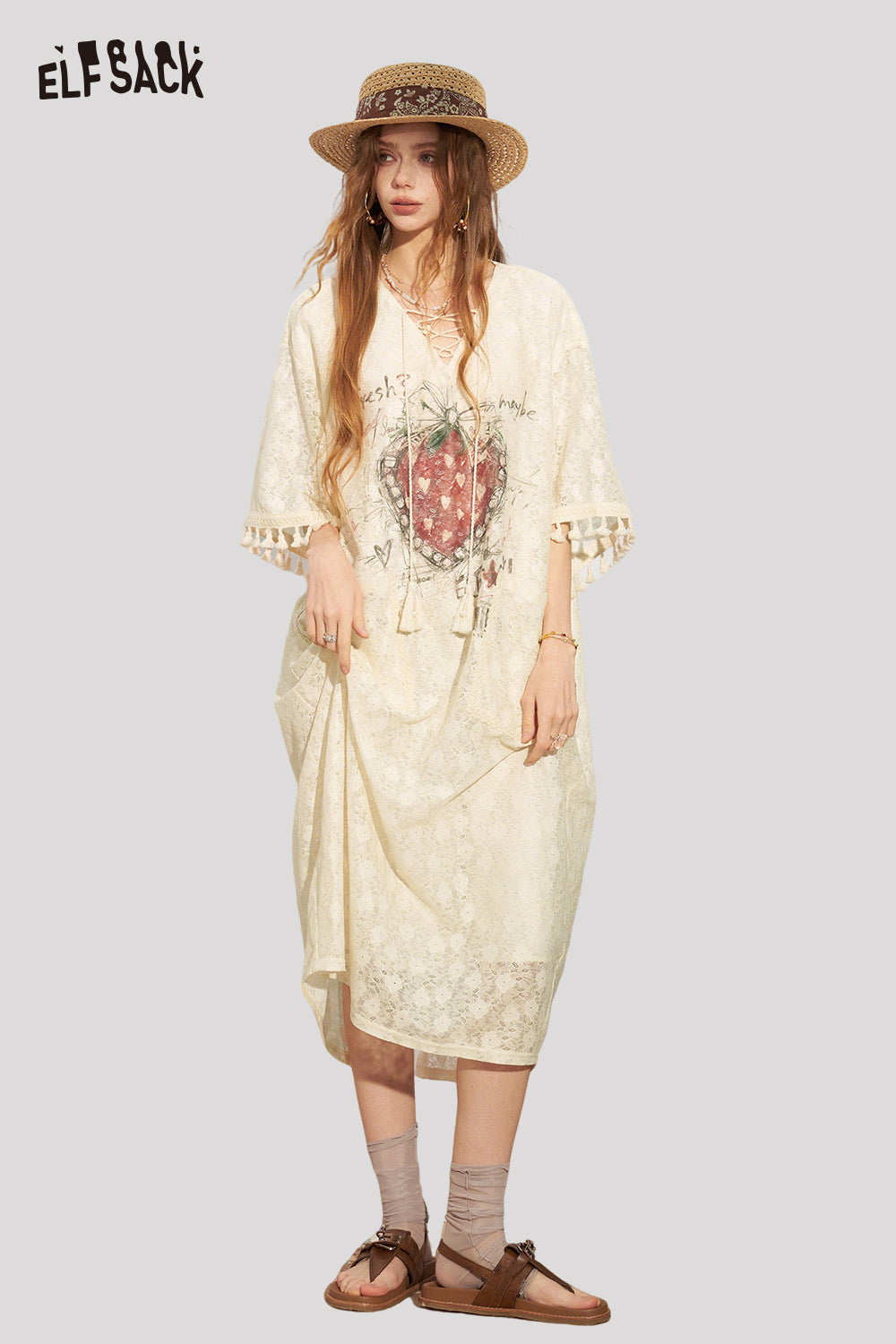 ELFSACK Strawberry Lace Tassel Gothic Midi Dress