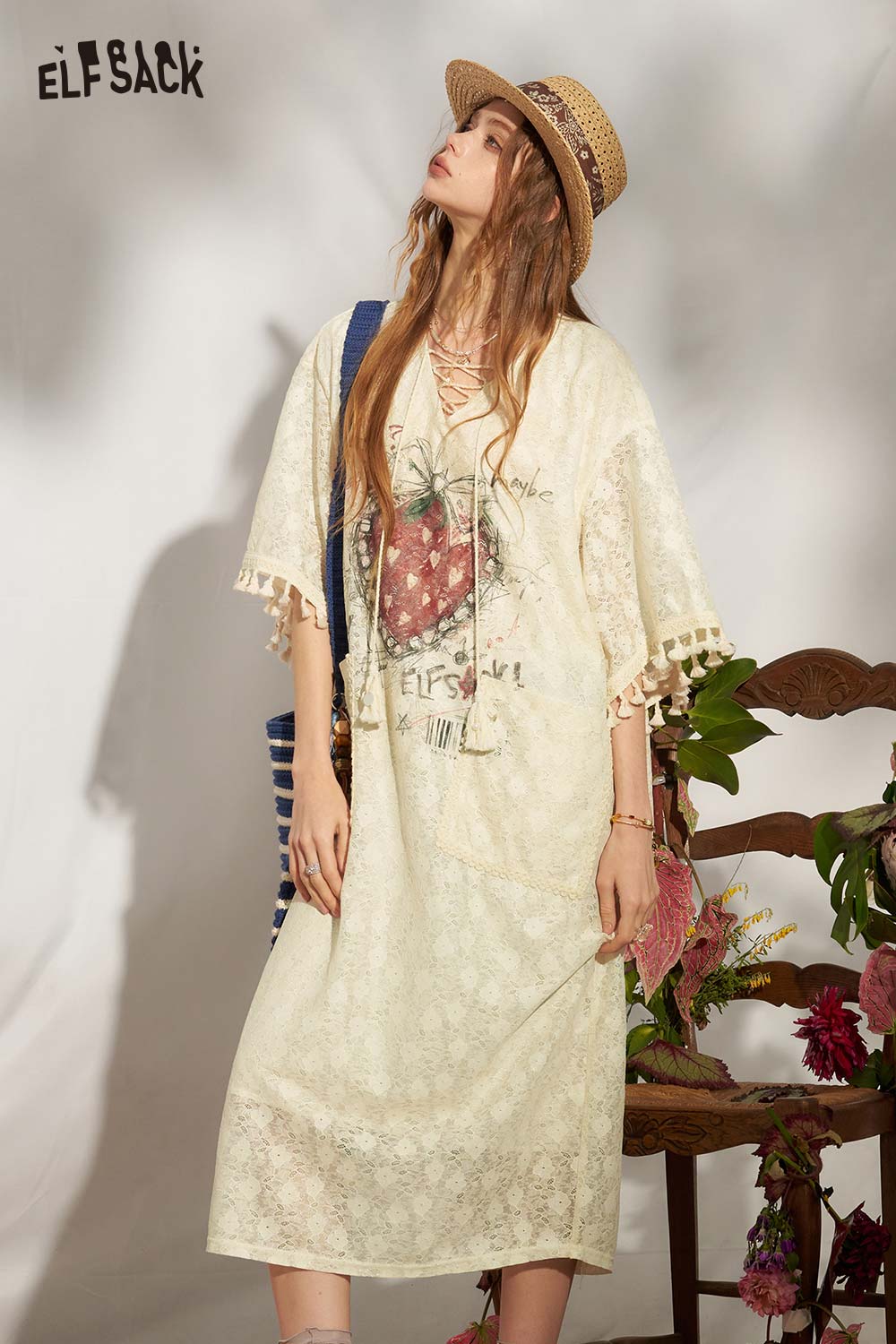 ELFSACK Strawberry Lace Tassel Gothic Midi Dress