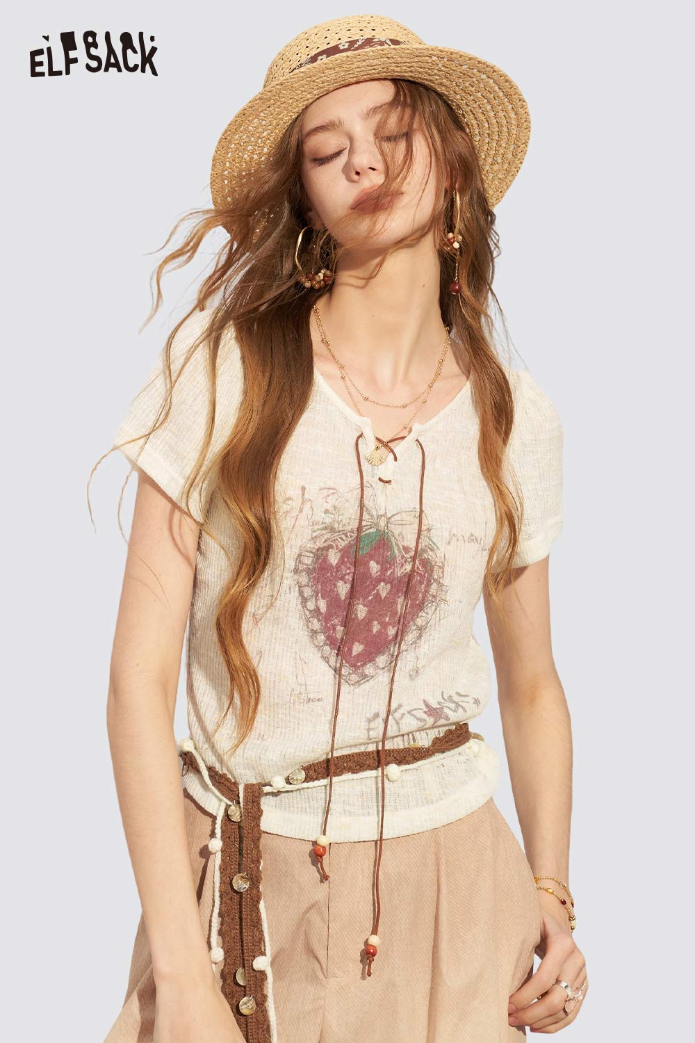 ELFSACK Strawberry Lace-Up Puff Sleeve Knit Tee