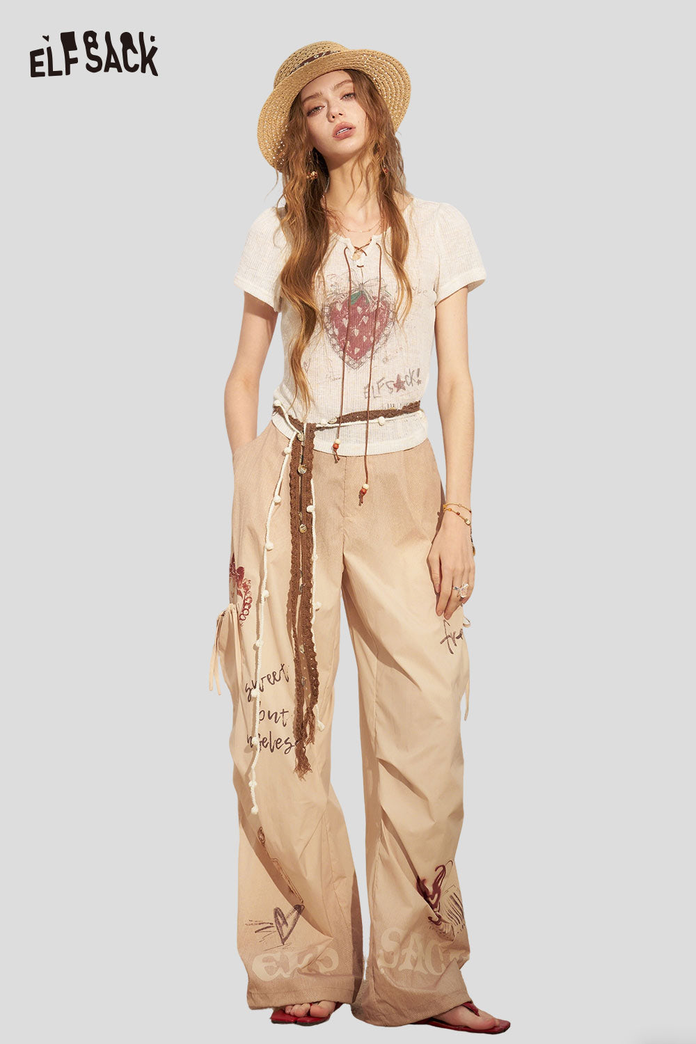ELFSACK Strawberry Print Cargo Wide Leg Pants