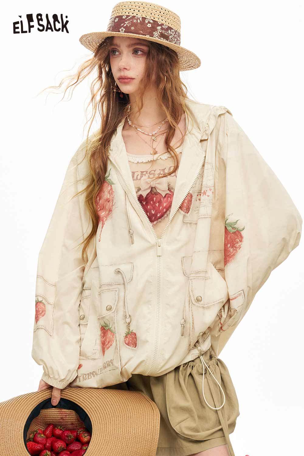 ELFSACK Strawberry Print Gothic Hooded Jacket