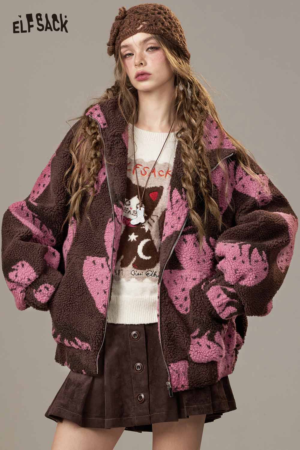 ELFSACK Soft Strawberry Print Hooded Design Zip Up Coat