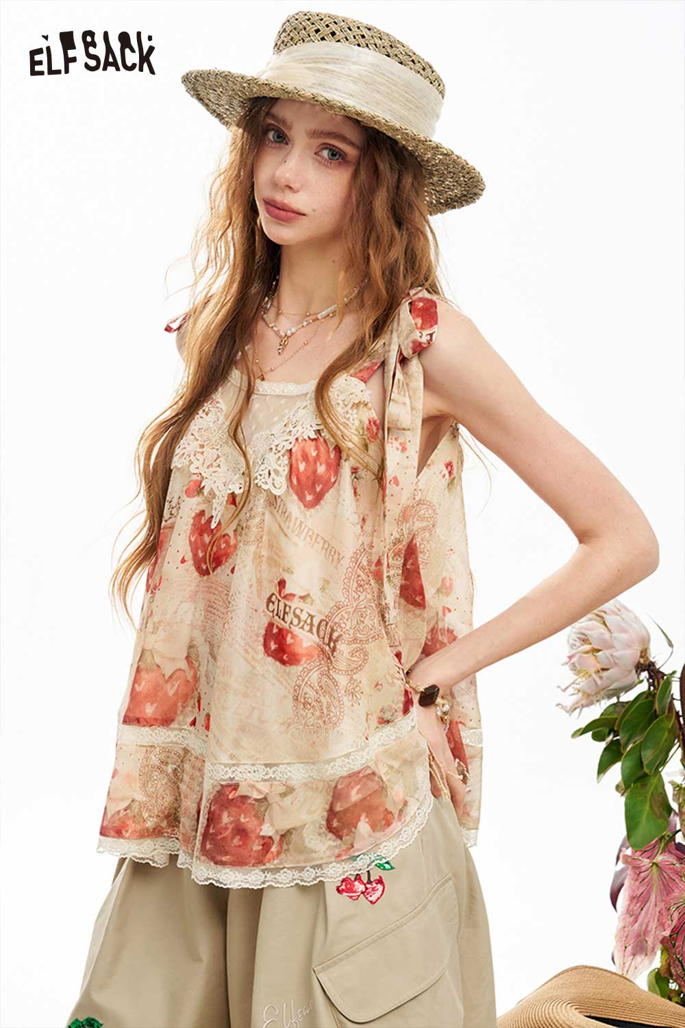 ELFSACK Strawberry Print Lace Blouse