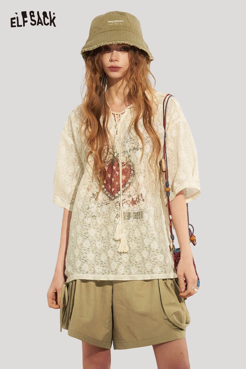 ELFSACK Strawberry Print Lace V-Neck Blouse
