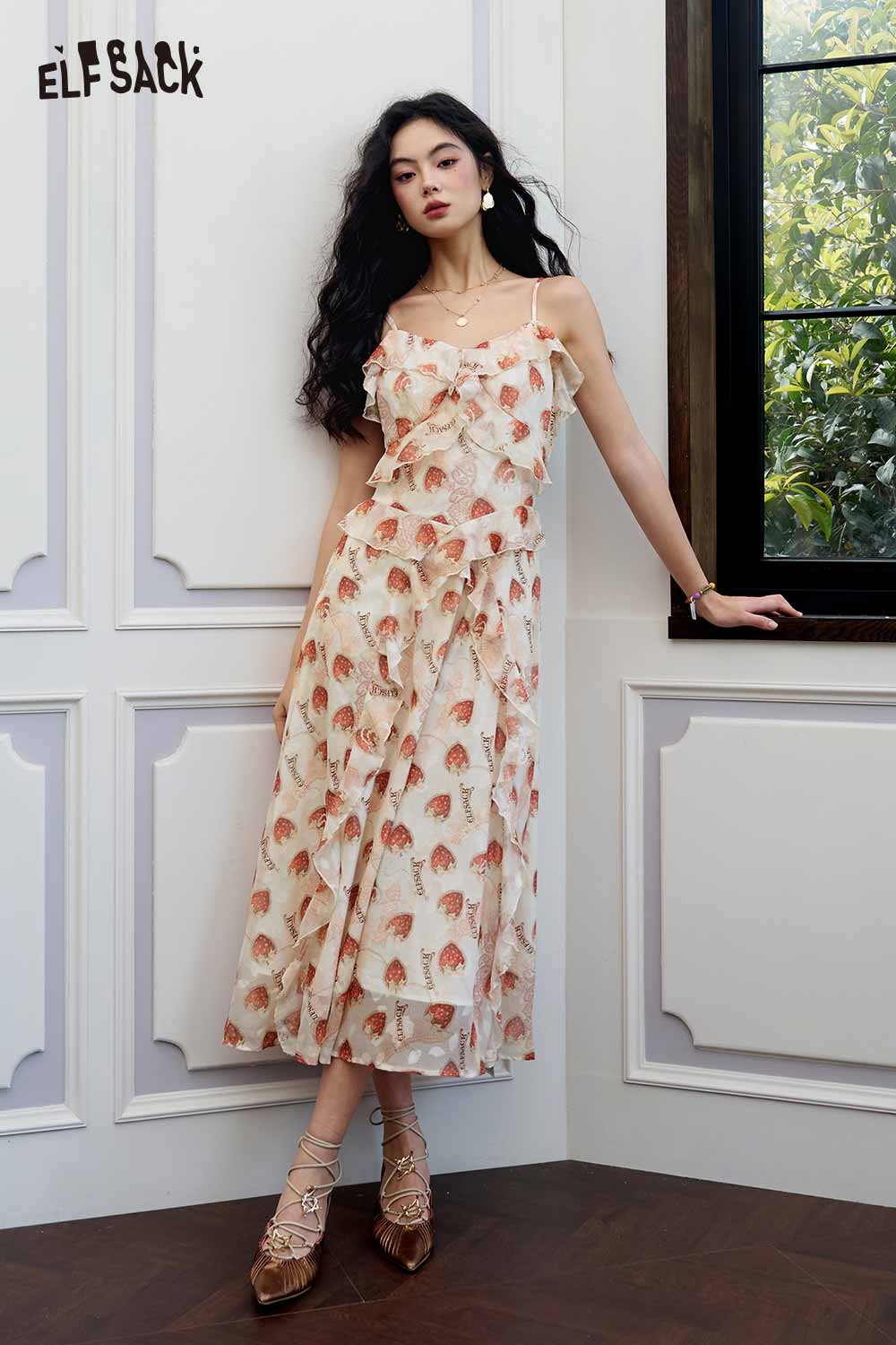 ELFSACK Strawberry Ruffle Gothic Maxi Dress