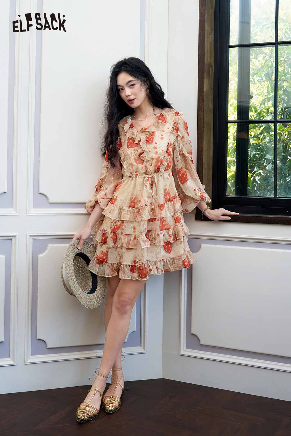ELFSACK Strawberry Ruffle Hem A-Line Midi Dress