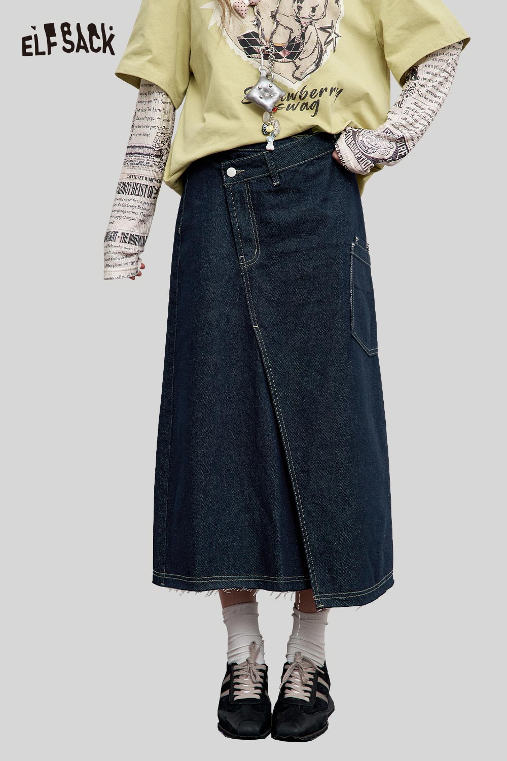 ELFSACK Stretch Denim Bias Cut Asymmetrical Hem Maxi Skirt