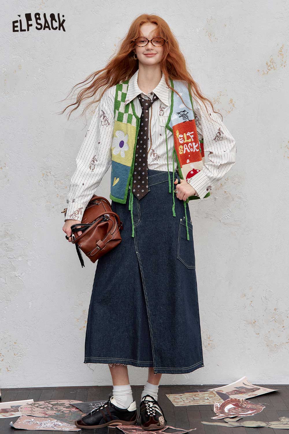 ELFSACK Stretch Denim Bias Cut Asymmetrical Hem Maxi Skirt