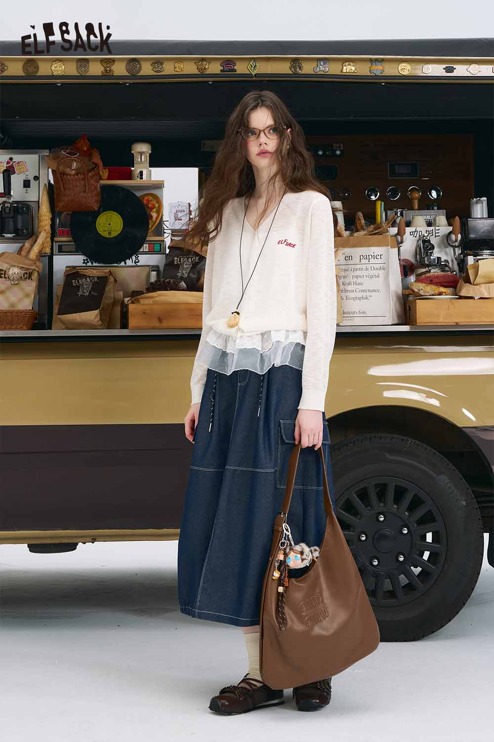 ELFSACK Slimming Vintage High-Waisted Denim Skirt