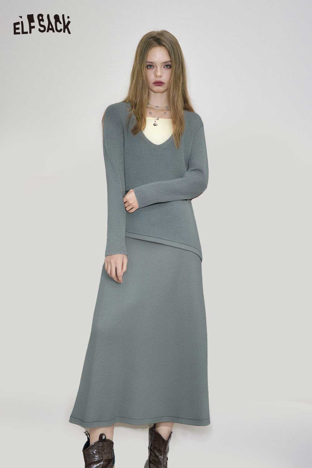 ELFSACK Stretch Jersey V-Neck Bodycon Silhouette Long Skirt Set