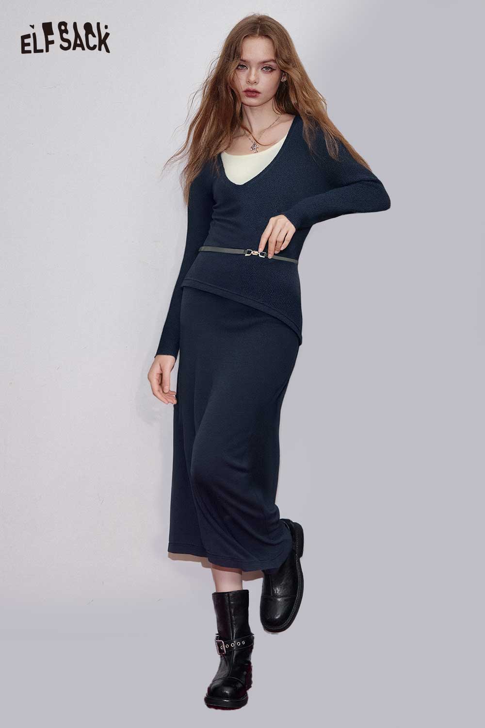 ELFSACK Stretch Jersey V-Neck Bodycon Silhouette Long Skirt Set