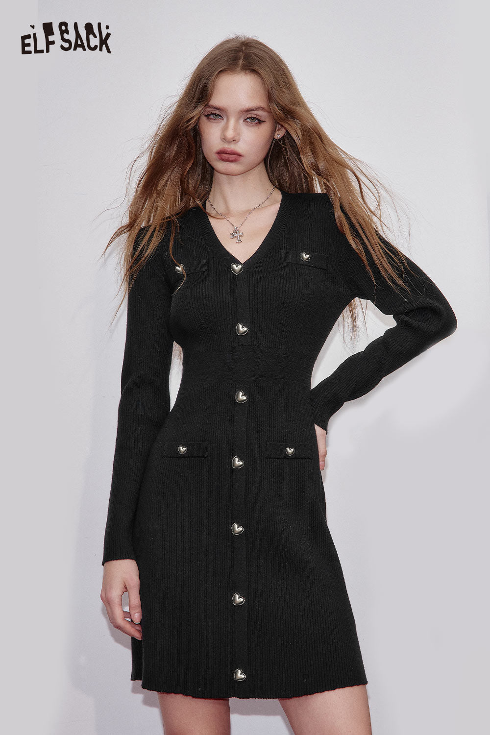ELFSACK Stretch Knit Bodycon Long Sleeves Ribbed Detailing Midi Dress