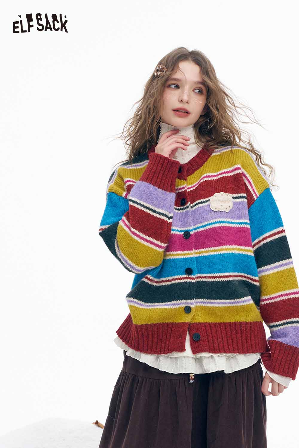 ELFSACK Soft Stripe Embroidery Graphic Round Neck Single breasted Button Sweater