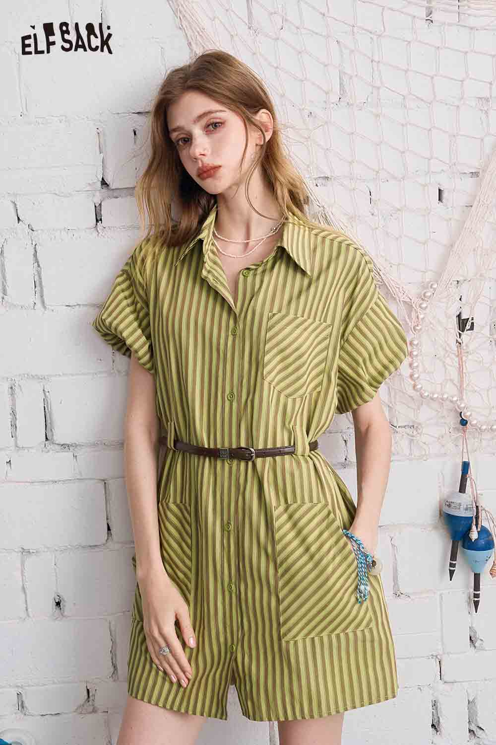 ELFSACK Striped Belted Short Sleeve Shirt Dress