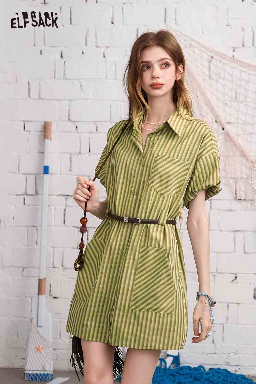 ELFSACK Striped Belted Short Sleeve Shirt Dress