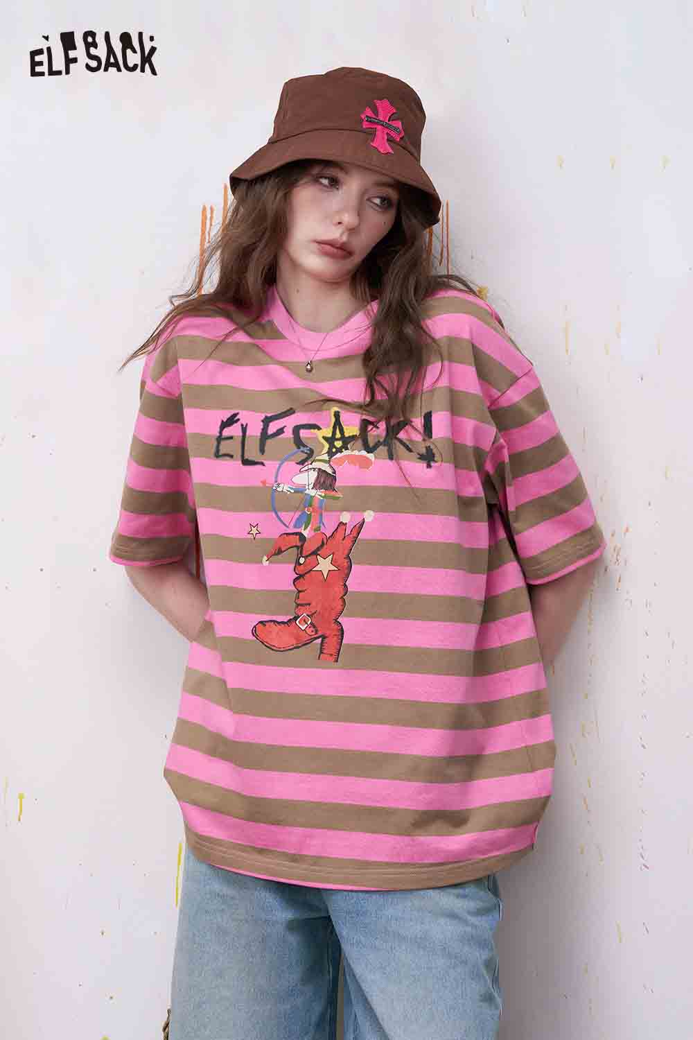 ELFSACK Striped Cartoon Print Tee