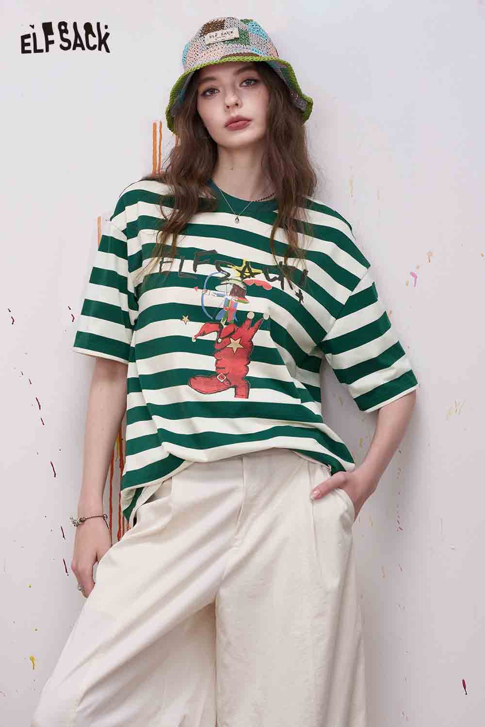 ELFSACK Striped Cartoon Print Tee