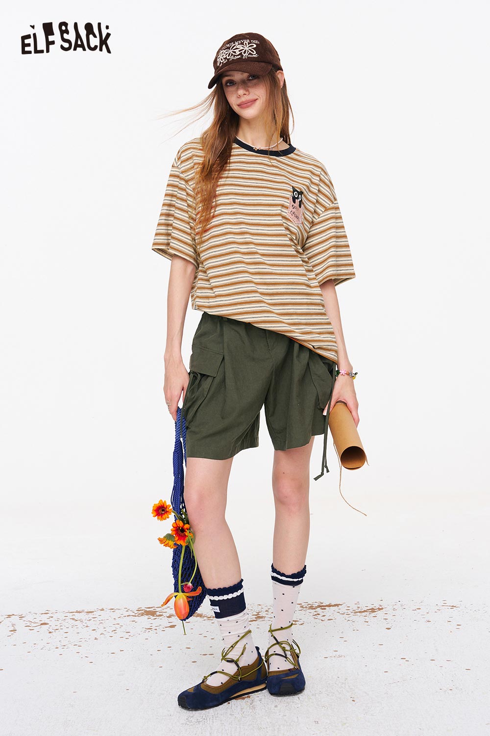 ELFSACK Striped Cat Embroidery Pocket T-Shirt