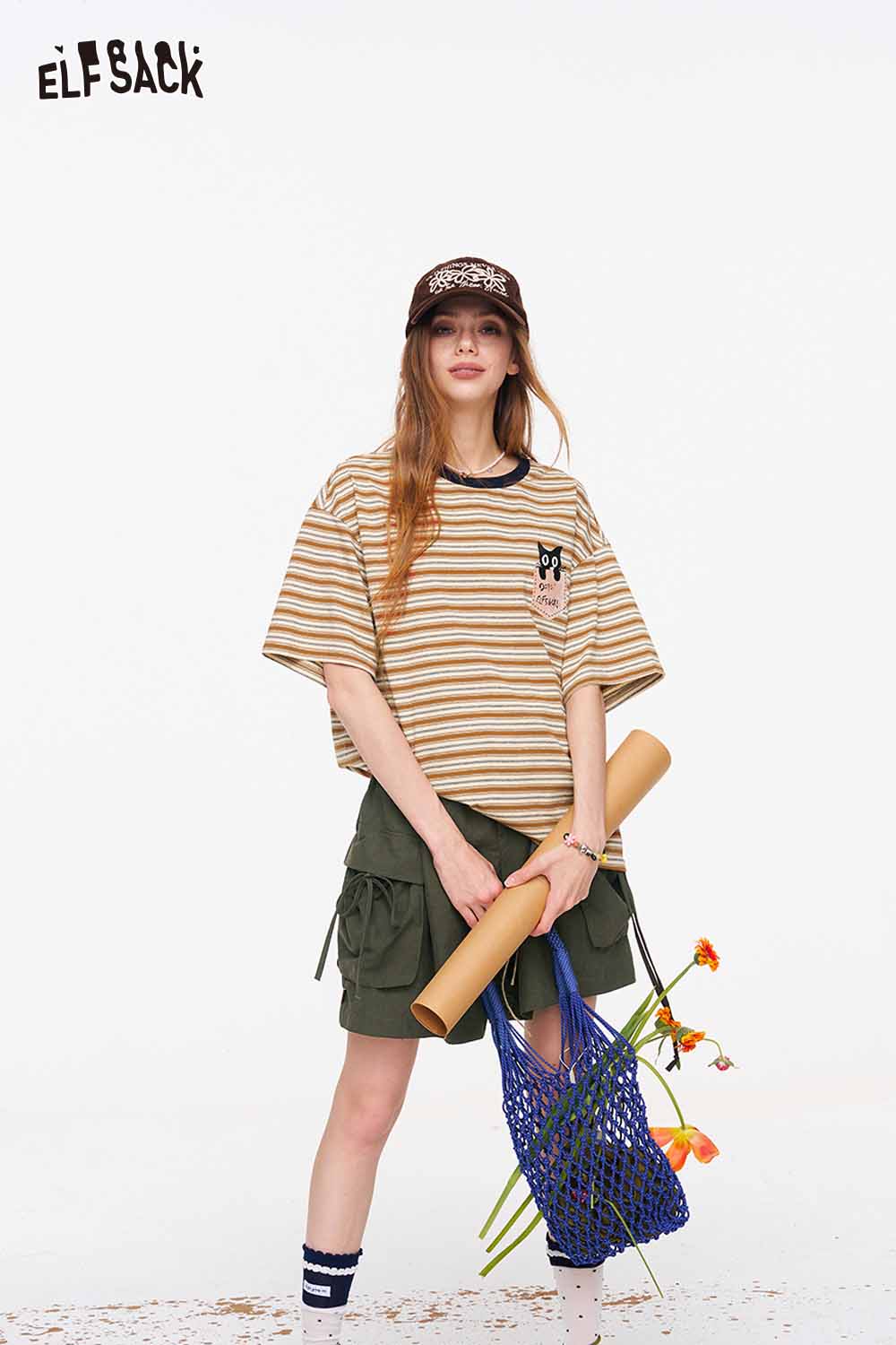 ELFSACK Striped Cat Embroidery Pocket T-Shirt