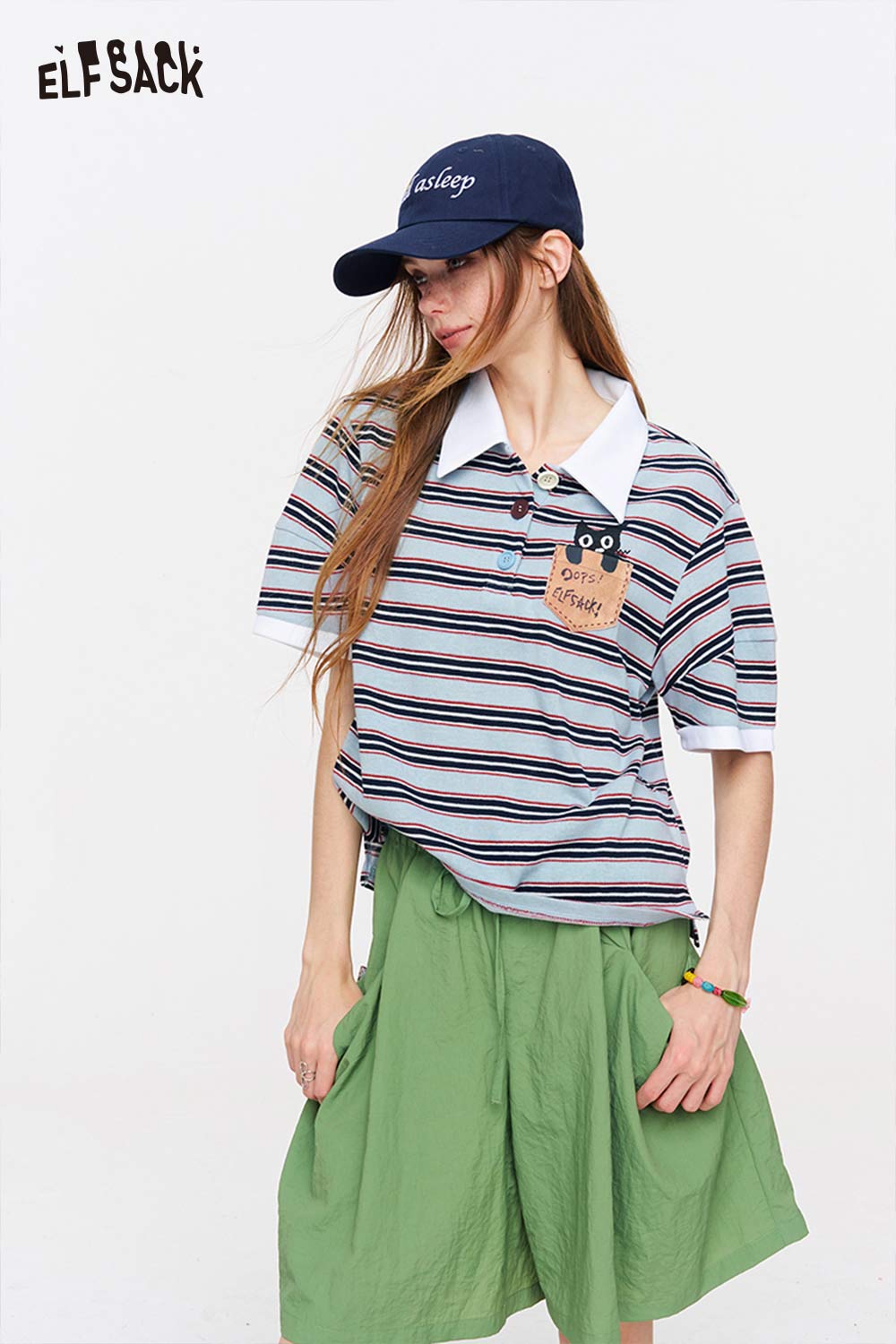 ELFSACK Striped Cat Embroidery Polo T-Shirt