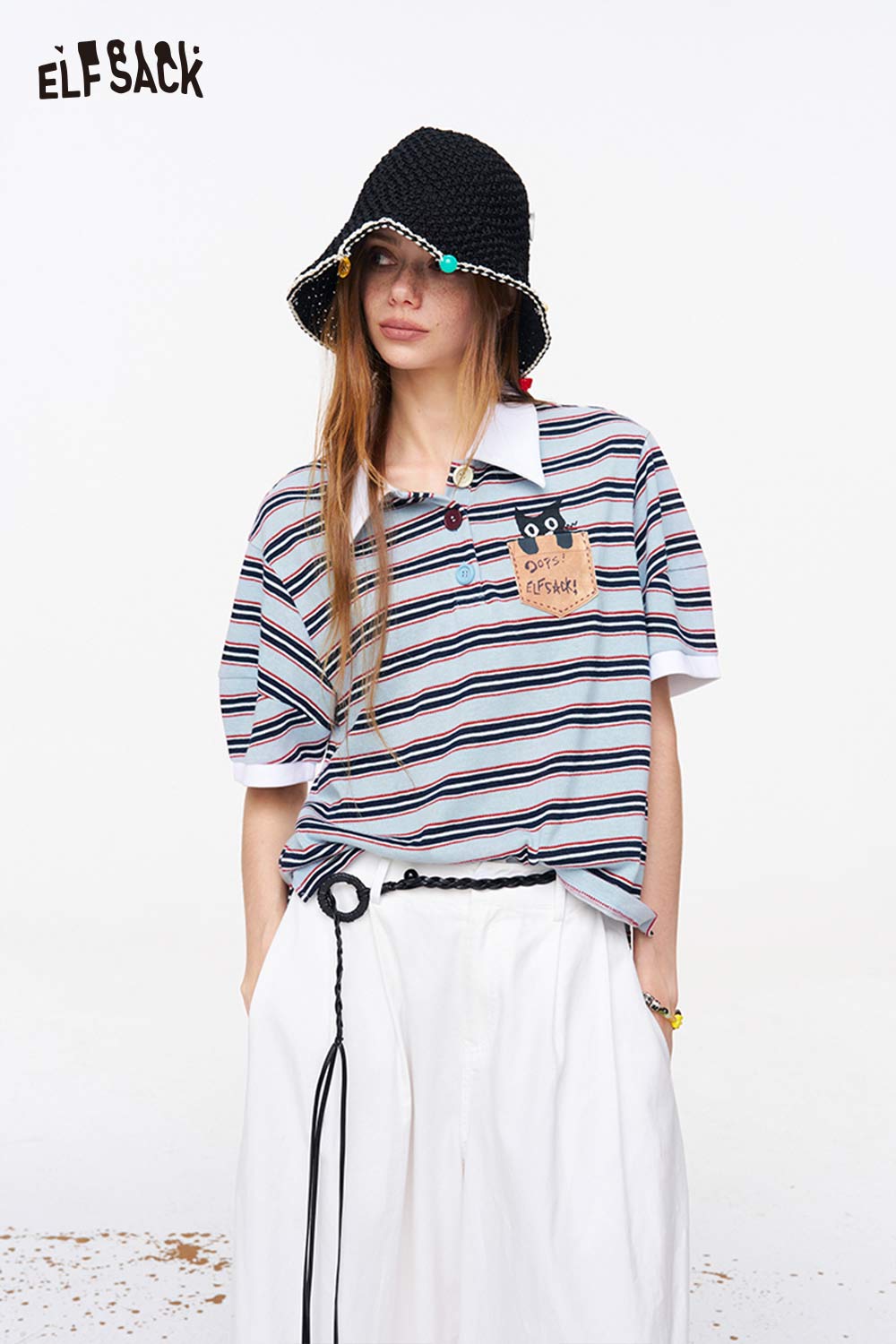 ELFSACK Striped Cat Embroidery Polo T-Shirt